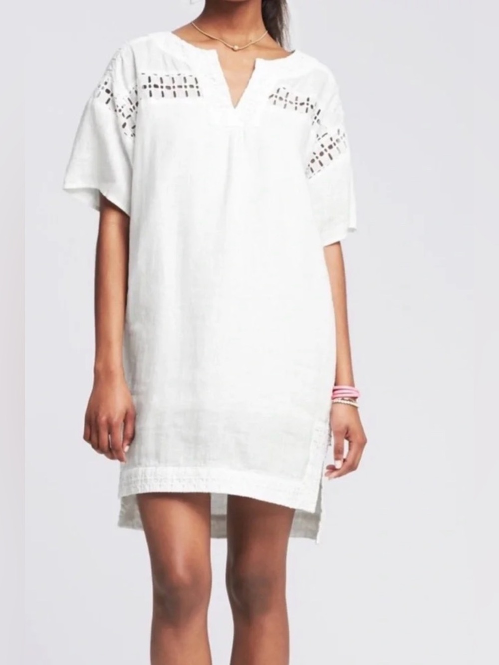 Banana Republic Linen Mini Shift Dress White V-Neck Size XS Resort Boho Chic